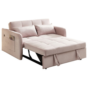 Gewnee 55.5"Twins Pull Out Sofa Bed Khaki Velvet, Pink