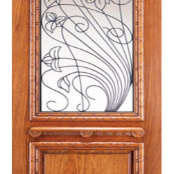 Mahogany Single Doors, 2/3 Lite, Forged Iron, Carved Moulding - Front Doors