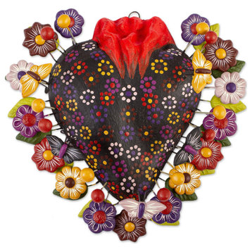 Novica Handmade Floral Butterfly Heart Ceramic Wall Art