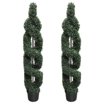 5 Feet Artificial Boxwood Leave Double Spiral Topiary In Plastic Pot, Green, Set