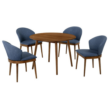 Arcadia and Juno Round and Wood 5-Piece Dining Set, Blue and Walnut, 42"