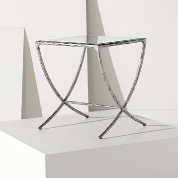 Contemporary End Table, Unique Curved X-Shaped Trestle Base & Glass Top, Silver
