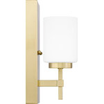 Quoizel - Quoizel WLB8605 Wilburn Bath 1 LED Light, Satin Brass - Opal etched glass casts a warm, ambient glow in the Wilburn wall sconce and bath light collection. The minimalist silhouette is accentuated by clean straight lines and a gleaming rectangular backplate. Choose from a variety of size and finish options to round out your home. Whichever you choose, Wilburn's integrated LED light source is guaranteed to shine in any hallway, bathroom or living area.