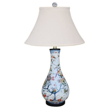 Chinese Porcelain Vase Table Lamp, Bird Floral Motif, 24"