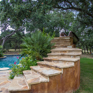 オースティンの大きいオーダーメイドラスティックスタイルのおしゃれなプール (天然石敷き) の写真