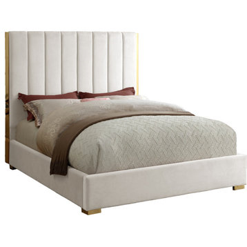 Becca Velvet Upholstered Bed, Cream, Full
