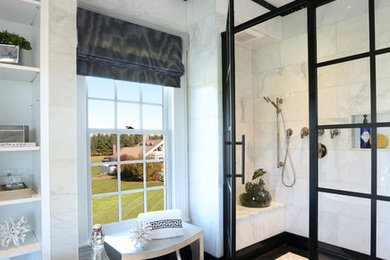 Design ideas for a large traditional master bathroom in Other with a freestanding tub, a double shower, gray tile, marble, white walls, marble floors, white floor and a hinged shower door.