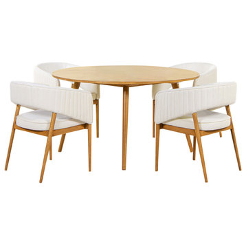 5-Piece Dining Set, Light Tan Brown Round Table and 4 Open Barrel Chairs