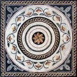 Mozaico - Roman Floral Mosaic Panel - Vida, 31"x31" - A true find, the Vida roman floral mosaic panel calls to mind early Roman mosaic artifacts. Handmade from natural stone and marble tiles, this mosaic showcases a floral motif  with concentric circles on an ivory background with black accents. A Roman braided border completes the design. Use this beautiful stone mosaic to design a colorful kitchen backsplash. A mesh backing makes wall, counter and floor installations quick and easy.