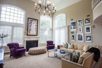 Living room - large contemporary formal and open concept medium tone wood floor living room idea in New York with beige walls, a standard fireplace and no tv
