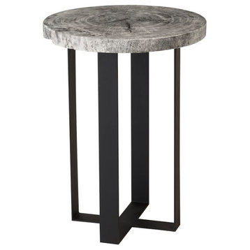 Chuleta Bar Table on Black Metal Base, Chamcha Wood, Gray Stone