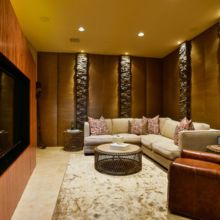 Inspiration for a large contemporary enclosed home cinema in Other with beige walls, travertine flooring and a built-in media unit.