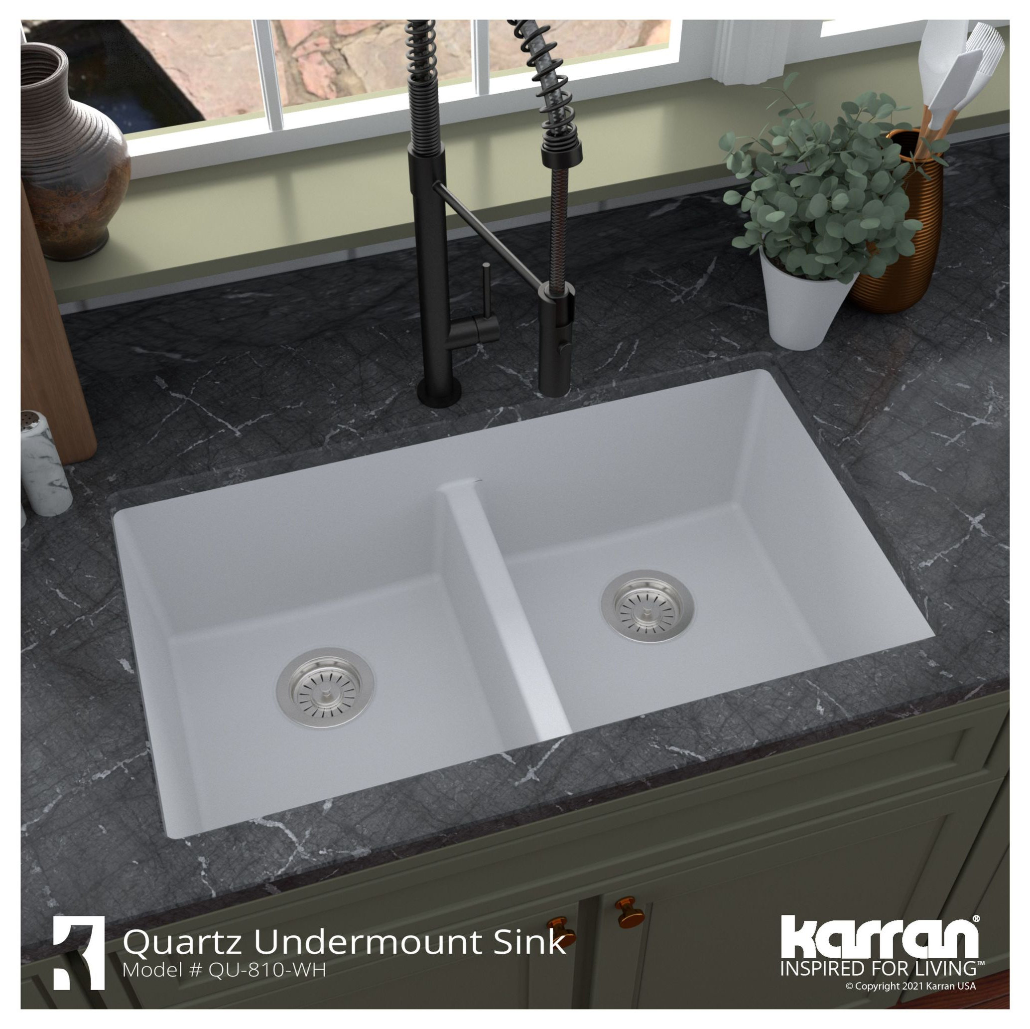 Karran 32" Undermount Double Bowl 50/50 Quartz Kitchen Sink Kit, White