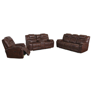 3 Piece Reclining Set, Sofa, Loveseat, Chair, Center Console, Brown Leather Gel