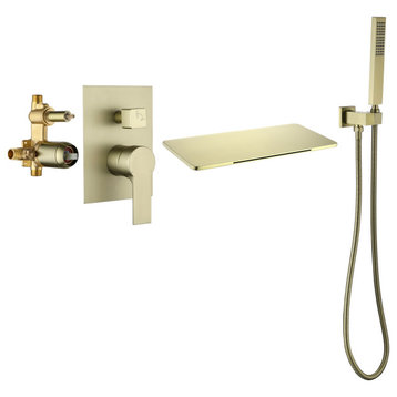 Wellfor Shower Faucet Set, Handheld Shower and Waterfall Tub Spout, Brushed Gold