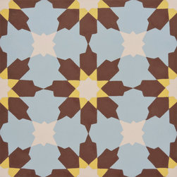 Moroccan Mosaic and Tile House - Ahfir Handmade Cement Tile, Brown/Blue/Yellow, Sample - Wall And Floor Tile
