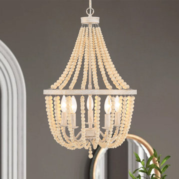 5 - Light Candle Style Empire Chandelier with Beaded Accents, White+gold