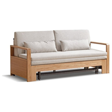 North American Oak Solid Wood Sofa Bed Modern MultiFunctional, Log Gravel White 1.58m Sofa Bed 62.2x32.6-77.5x34"