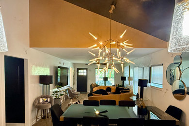 Kitchen/dining room combo - mid-sized contemporary light wood floor, beige floor and vaulted ceiling kitchen/dining room combo idea in Nashville with white walls