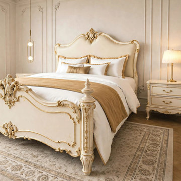 Handcrafted Ivory Solid Teak Wood Bed | Classic French Luxury Bedroom Design
