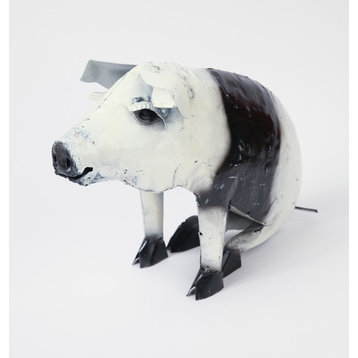 Recycled Metal Sitting Pig, Black and White