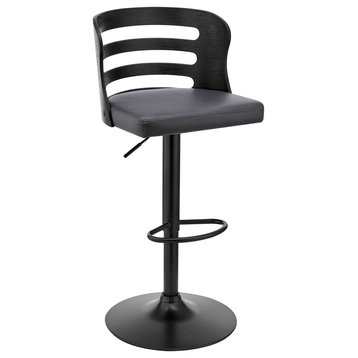 Khalia Adjustable Swivel Faux Leather and Wood Bar Stool With Metal Base, Gray and Black