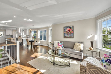 Example of a transitional living room design in Boston