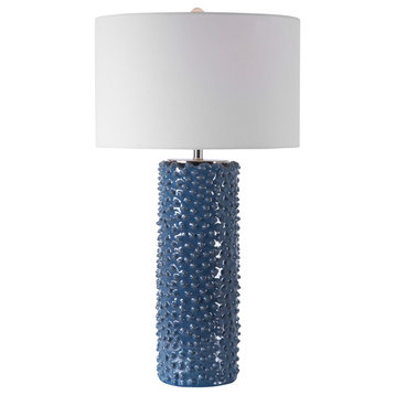 Knobbed Indigo Blue Textured Table Lamp Cylinder Coastal Denim White Elegant