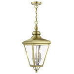 Livex Lighting Inc. - 3 Light Antique Brass Outdoor Large Pendant Lantern, Brushed Nickel - The stylish antique brass finish outdoor Adams large pendant lantern is a great way to update your home's exterior decor. Flat metal curved arms attach to the solid brass decorative housing while clear glass shows off the brushed nickel finish cluster.
