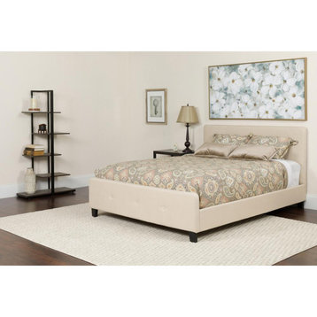 Tribeca Twin Size Tufted Upholstered Platform Bed in Beige Fabric with...