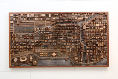 Wood wall art of Chicago cityscape, made of old barn wood. 54"x30"x4"