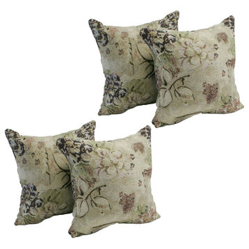 17" Jacquard Throw Pillows With Inserts, Set of 4, Beige Floral