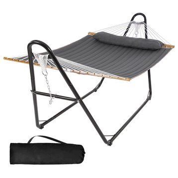 Extra Large Hammock, Angled Metal Stand With Quilted Polyester Bed, Dark Gray
