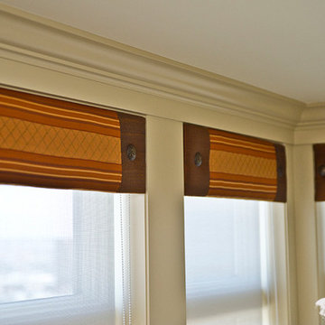 Custom-made silk valances with nail head embellishments