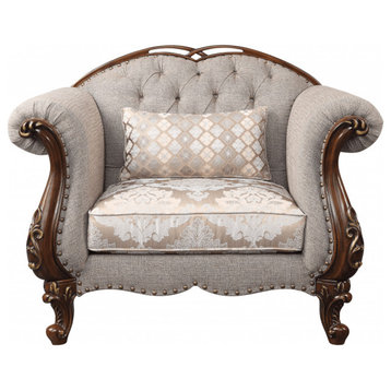 48" Beige Fabric And Cherry Floral Arm Chair