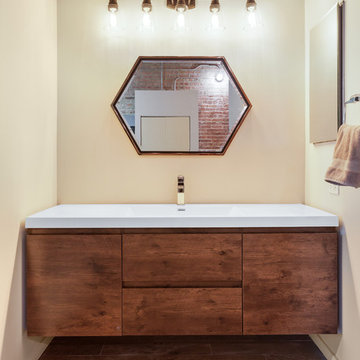 Golden Wood & Dark Charcoal Bathroom with Luxurious Steam Shower