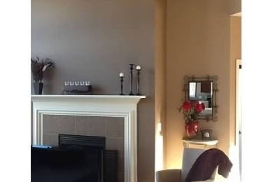 Example of a large classic open concept carpeted family room design in Detroit with beige walls, a standard fireplace and a tile fireplace