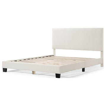 Miles White Boucle Upholstered Wood Frame Platform Bed, Queen, Simple Standard