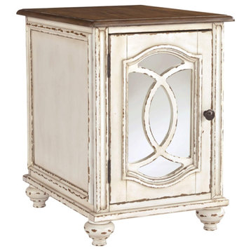 Farmhouse End Table, One Cabinet Door With Mirrored Front, Antique White/Brown
