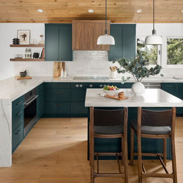 Teal Kitchen Cabinets & Custom Walnut Hood