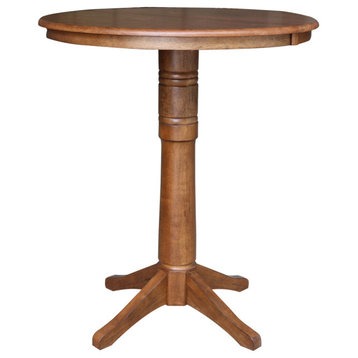 36" Round Top Pedestal Table With 12" Leaf, Distressed Oak, 42.1" High
