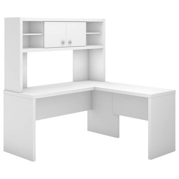 Contemporary L-Shaped Desk, Hutch With Open Shelves and Cabinet, Pure White