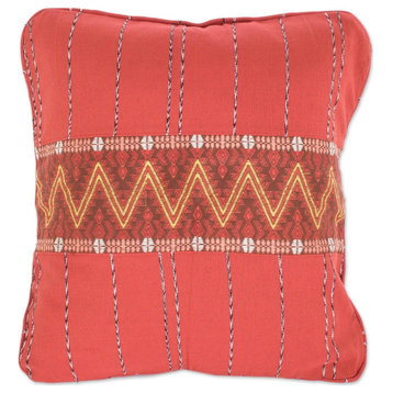 NOVICA Zigzag Lines In Chili And Cotton Cushion Cover