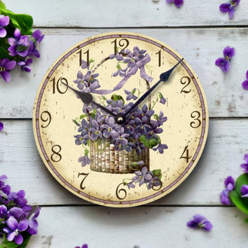 Victorian-Style Basket of Violets Wall Clock, 10.5 Inch Diameter