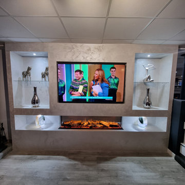 Mediawall Display - Large Alcoves, Electric Fireplace, Silver Textured Paint