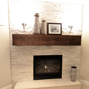 トロントのコンテンポラリースタイルのおしゃれな地下室 (コーナー設置型暖炉) の写真