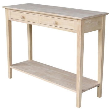 Traditional Console Table, Rubberwood Construction With 2 Drawers, Unfinished