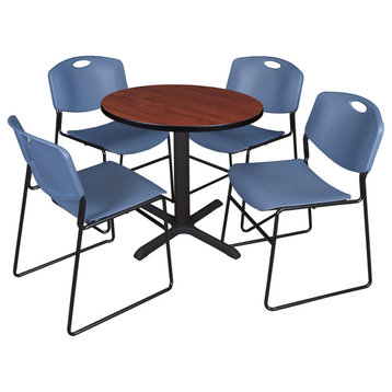 5 Pieces Dining Set, Laminated Round Table & 4 Contoured Chairs, Blue/Cherry
