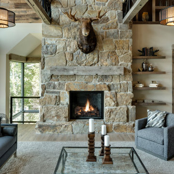 Reclaimed Wood Mantel, Beams, and Paneling in Modern Rustic Living Room
