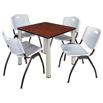 Kee 30 Square Breakroom Table- Cherry/ Chrome & 4 'M' Stack Chairs- Grey